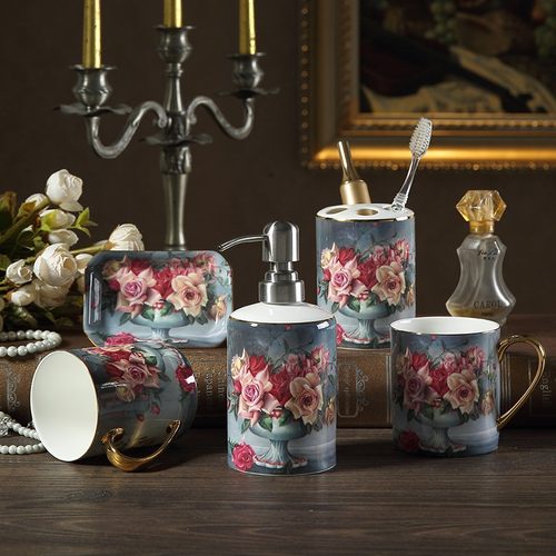 欧式陶瓷卫浴五件套浴室用品卫生间牙具套L件刷牙杯漱口杯洗漱套