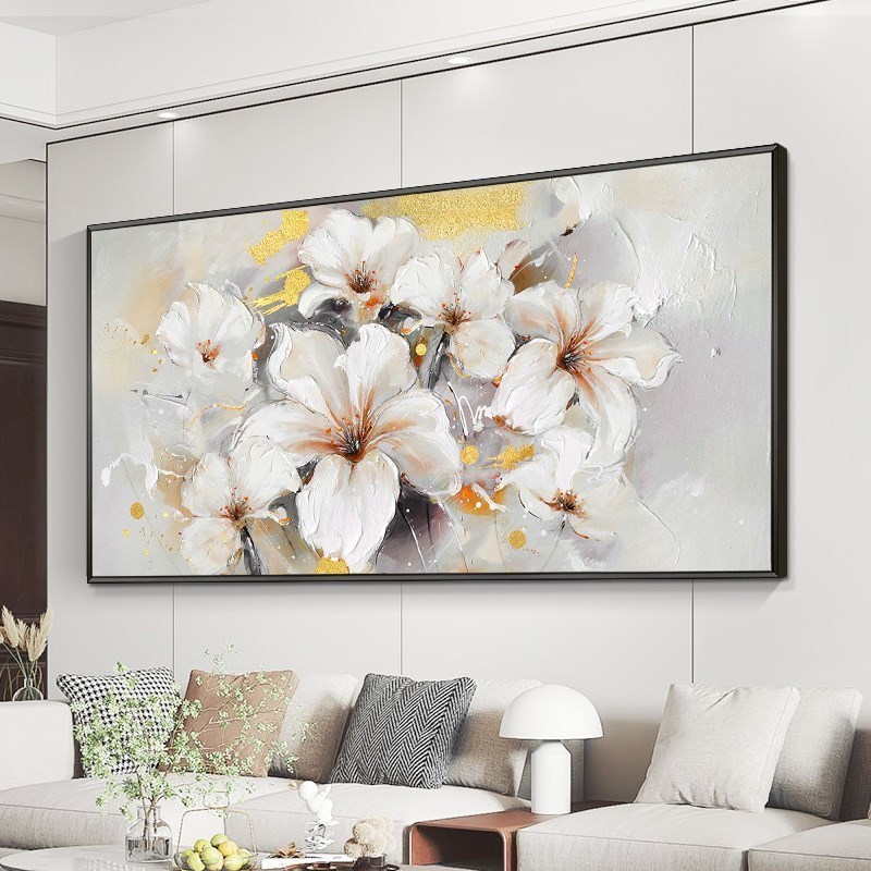现代简约纯手绘油画客厅沙发挂画花卉横版卧室壁画别墅轻奢装饰画图片