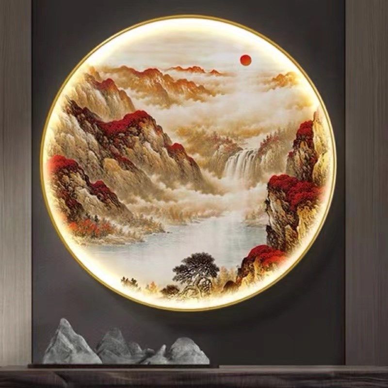 鸿运当头玄关装饰画带灯新圆形茶室背景墙灯画办公室山水挂画,家居饰品,现代装饰画,淘宝优惠券,粉丝福利购,淘宝优惠卷