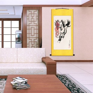 马图 徐悲鸿奔马图卷轴挂画 复古书房玄关装饰画绢布材质
