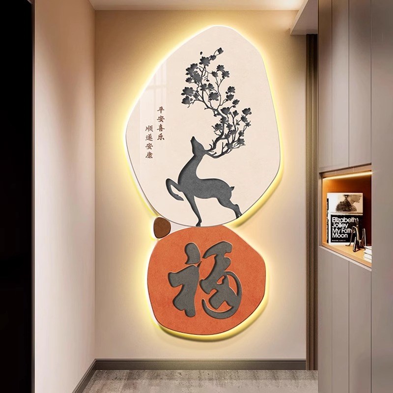 福鹿进门入户挂画LED带灯玄关高端装饰画22新款正对墙客厅壁画