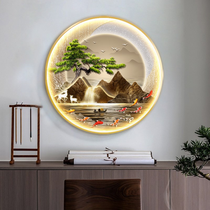 圆形装饰画轻奢高级感入户正对门山水画九鱼图挂画走廊过道带灯画图片