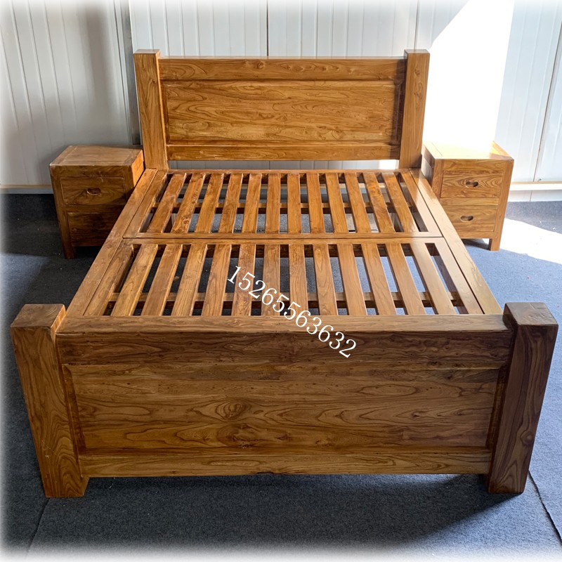 床人单人硬板木头床榫卯结实老榆木床床头柜.米