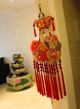 红色喜庆年年有余墙壁挂民族风刺绣创意家居客厅店铺装饰挂件