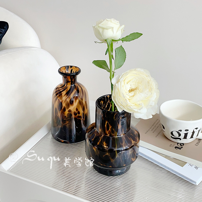SUQU中古玻璃花瓶水培鲜花玫瑰客厅餐桌复古豹纹乾燥花插花器高级
