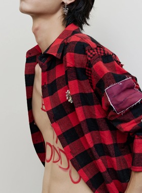 Gloomy Possession【CHANCE】设计感黑红格子拼接洗水衬衫