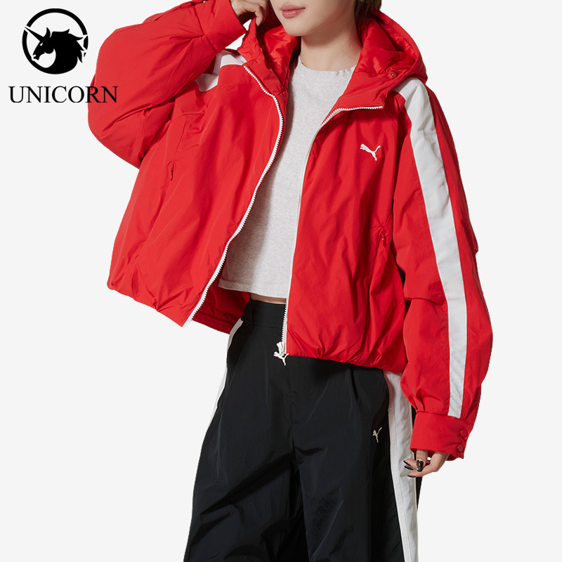 Puma/彪马正品T7复古连帽女红色保暖经典宽松防水棉服637441-11