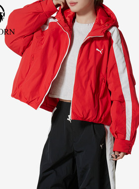 Puma/彪马正品T7复古连帽女红色保暖宽松防水棉服637441-11