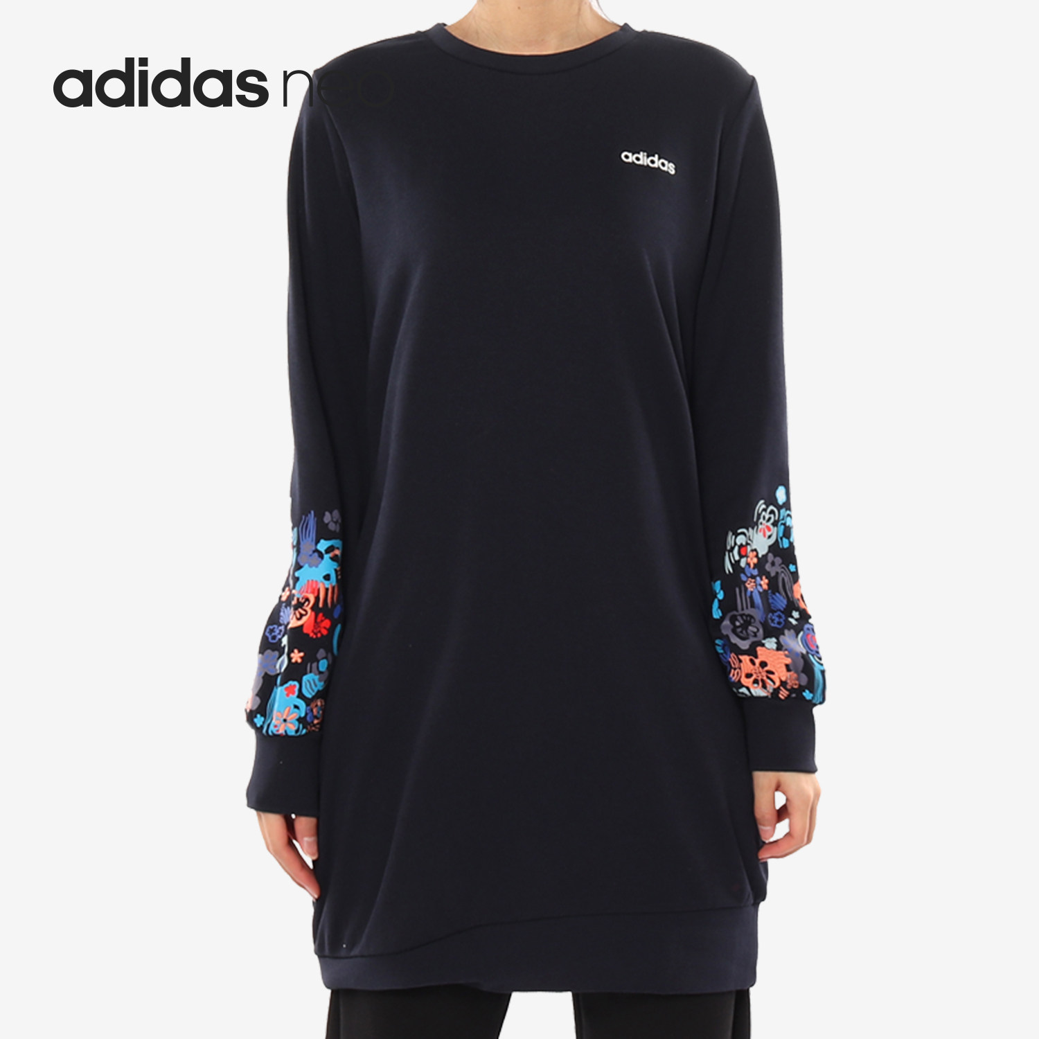 Adidas/阿迪达斯官方正品女子圆领印花休闲运动长款卫衣 DW7760