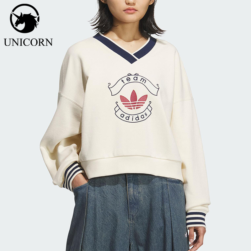 Adidas/阿迪达斯正品三叶草女士日常运动宽松V领套头卫衣KC5845