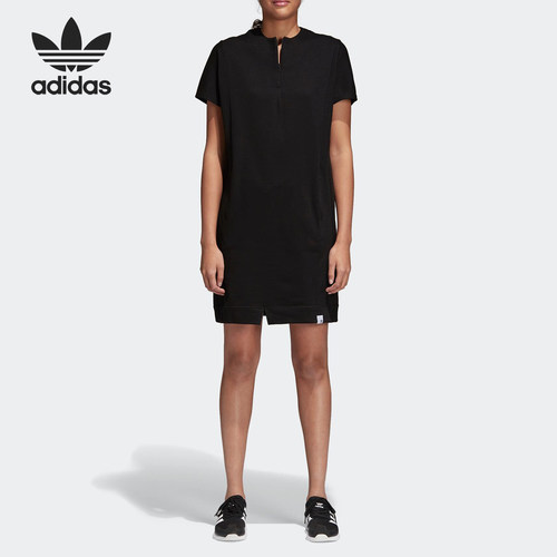 Adidas/阿迪达斯正品当季三叶草女子黑色休闲中长款连衣裙CV8575