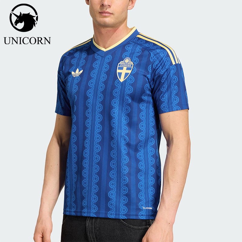 Adidas/阿迪达斯正品新款男蓝黄色足球V领足球经典短袖球衣JM5810