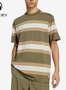 Adidas/阿迪达斯正品三叶草男橄榄白色经典条纹圆领短袖JD5414
