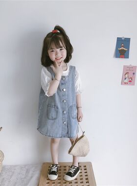 豆包君2021春秋韩版女童宝宝洋气休闲复古单排扣百搭牛仔背带裙潮