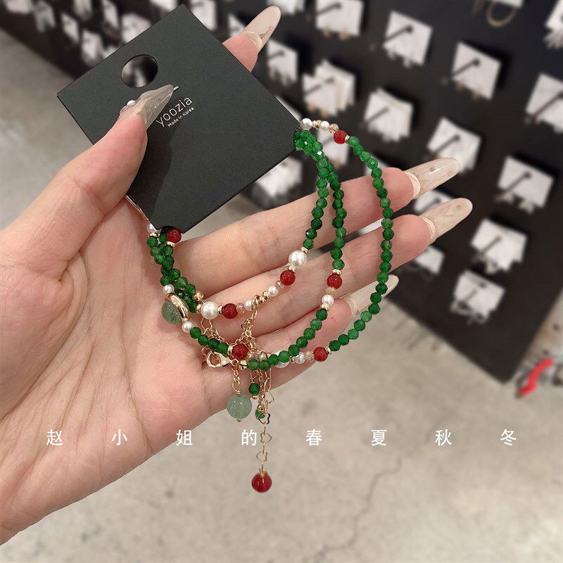 韩国饰品新款复古个性手环可调节高级感绿色珠子珍珠手链项链两用