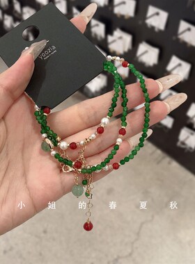 韩国饰品新款复古个性手环可调节高级感绿色珠子珍珠手链项链两用