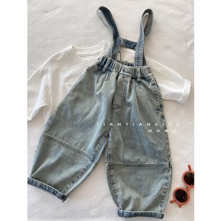 【我是小童】韩版水洗牛仔裤男童春女宝长裤宽松收口可脱卸背带裤