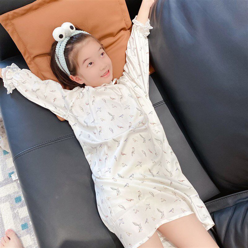 儿童春秋薄款家居服女童长袖睡裙7小女孩8洋气蕾丝公主睡衣3岁4潮