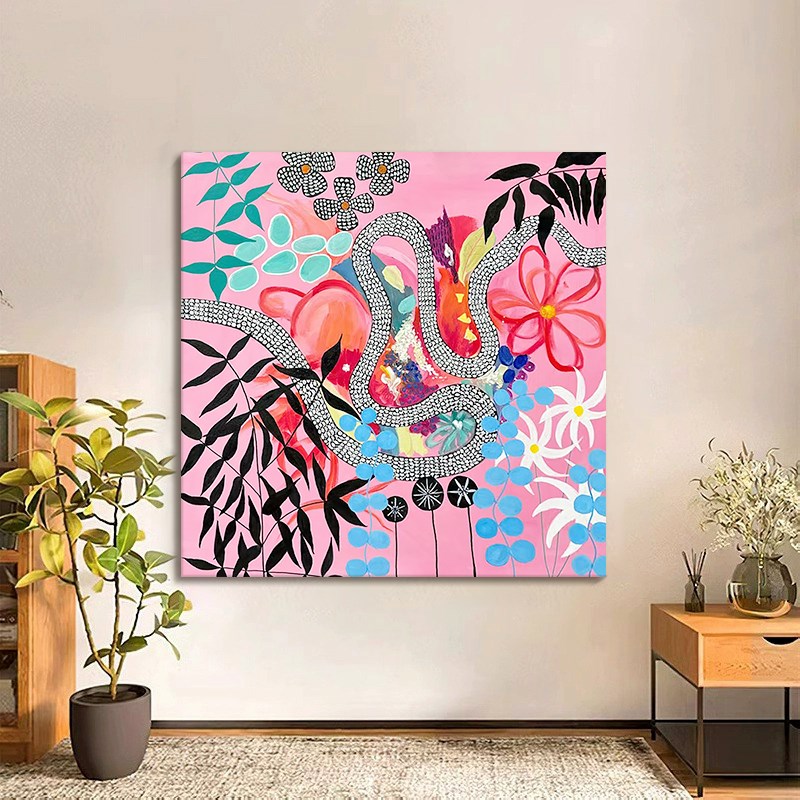 正方形粉色多巴胺手绘油画小众艺术D植物装饰画客厅挂画玄关丙烯图片