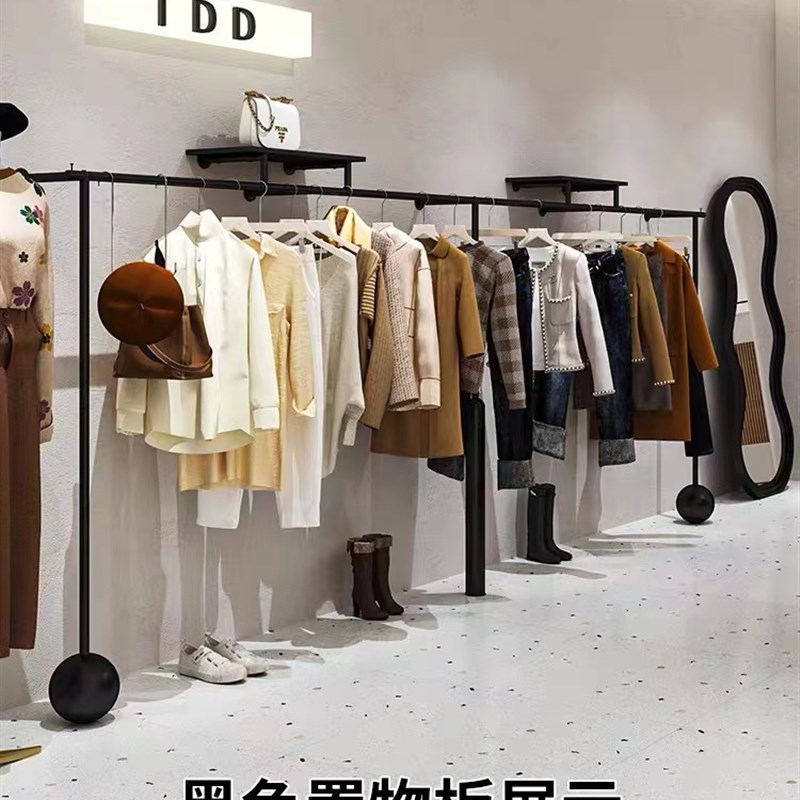 服装店铁艺黑色上墙层板置物货架专用衣服陈列架组合女装店展示架图片