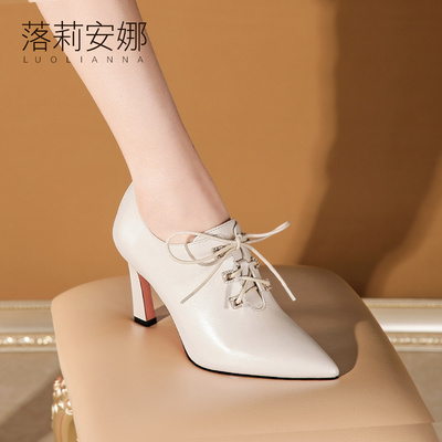 细跟高跟鞋d2021新款系带秋季女鞋百搭真皮尖头深口单鞋女春秋皮