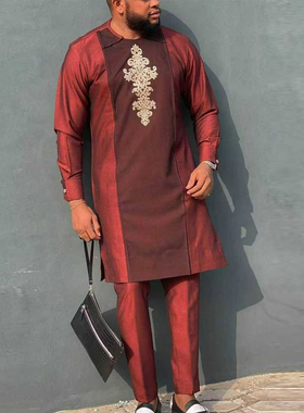 穆斯林礼服男士刺绣套装圆领中长款巴服两件套非洲阿拉伯民族服饰