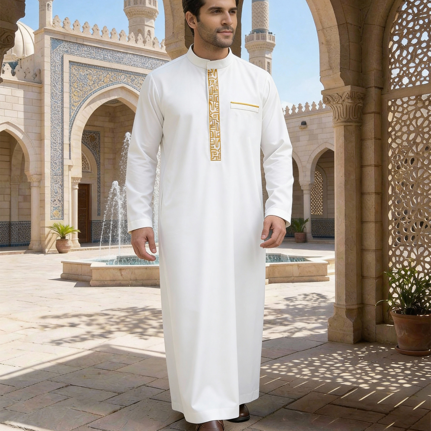 男士阿拉伯立领刺绣长袍民族服饰长衫白色宽松男袍衬衫,男装,其他民族服装,淘宝优惠券,粉丝福利购,淘宝优惠卷