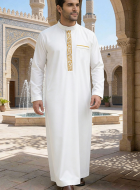 男士阿拉伯长袍立领刺绣民族服饰长衫袍宽松男袍衬衫Muslim Robe