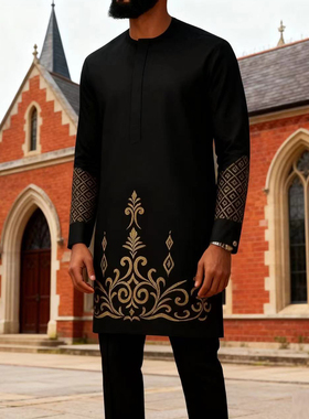 阿拉伯男士礼服套装刺绣长衫裤子非洲巴服套头休闲民族穆斯林服装