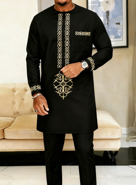 非洲风男士刺绣套装民族风传统长袖两件套男装Kaunda Outfits Set