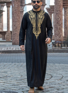 穆斯林长袍衣服中东阿拉伯袍子非洲民族服装刺绣立领男士宽松长衫