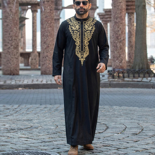 穆斯林长袍衣服中东阿拉伯袍子非洲民族服装刺绣立领男士宽松长衫