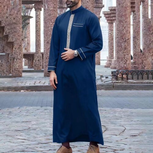 男士商务休闲纯色长袍立领刺绣长衫男罩袍Men Tunic Thobe Robe