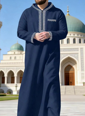 Muslim Arab Robe阿拉伯男士连帽刺绣长袍迪拜民族服装大码男袍