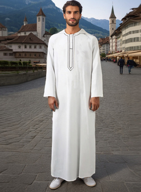 男士阿拉伯服装长袍连帽刺绣沙特礼拜服宽松礼服Muslim RobeThawb