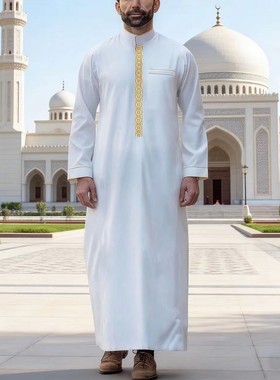 迪拜阿巴亚长袍传统穆斯林男士长袍宽松礼拜袍子中东阿拉伯衬衫