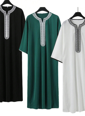 中东阿拉伯男士长袍刺绣大褂迪拜长袍Arba Muslim Men Thobe Gown