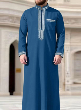 Muslim Arab Thobe中东男士长袍摩洛哥民族服饰刺绣盘扣迪拜男袍