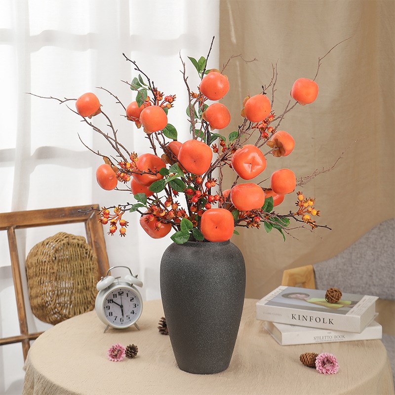 仿真花柿子干枝假花装饰花束落地摆件花艺红果石榴果客厅餐桌软装