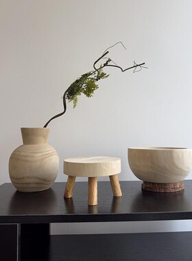 仿古实木水果盘装饰盆木质托盘色木盆民宿复古瓶高级感