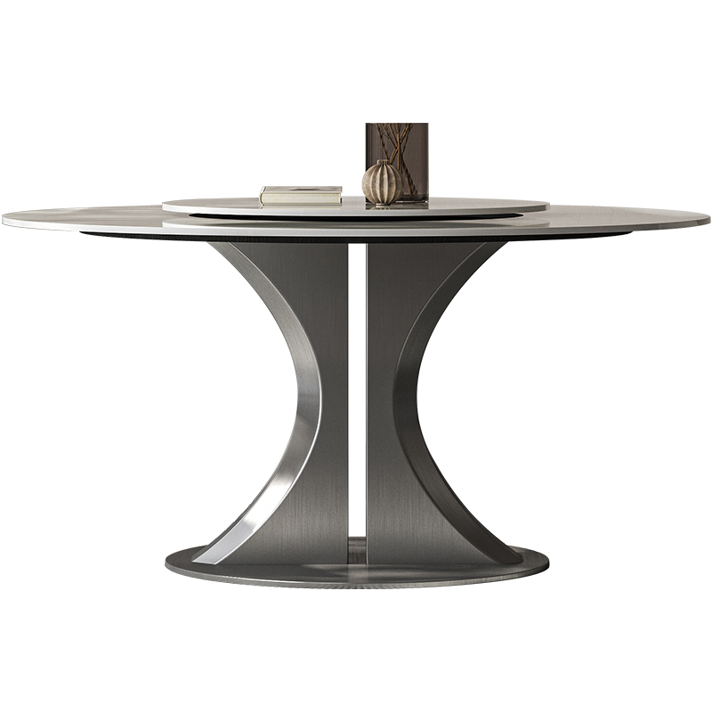 意式极简亮光面岩板圆桌带转盘现代家用吃饭桌圆形餐桌椅