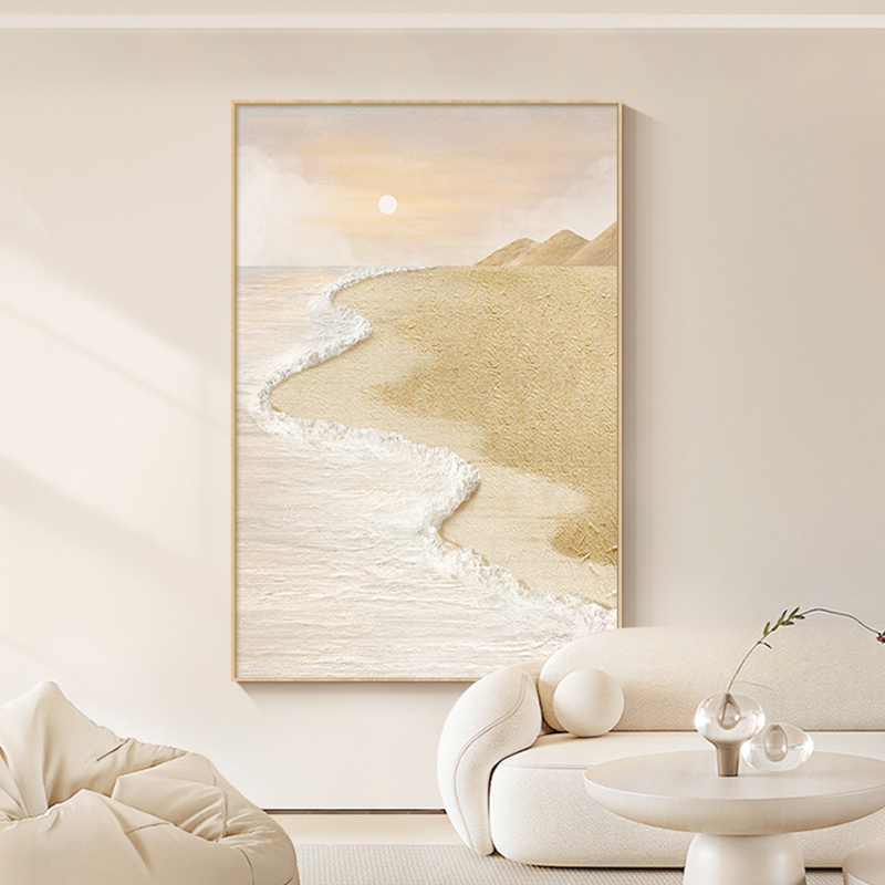 奶油风沙发背景墙挂画侘寂艺术玄关壁画高级感海浪肌理客厅落地画
