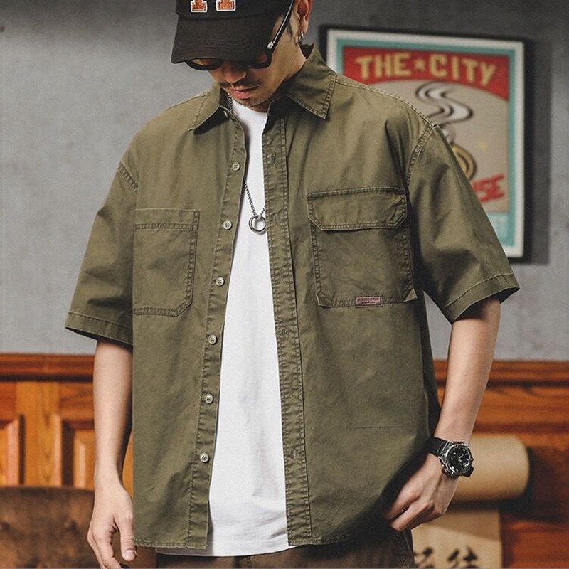 美式水洗工装短袖衬衫男夏季薄款外套加大码宽松休闲纯棉半袖衬衣