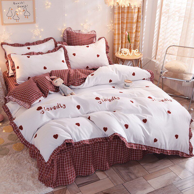 韩版花边床裙四件套印花磨毛双人被套荷叶边床单被套小碎花被罩套