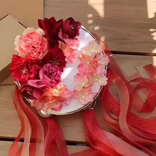 绢花手鼓花朵飘带汉服古风演出道具民族舞上铃鼓舞蹈儿童手拍鼓