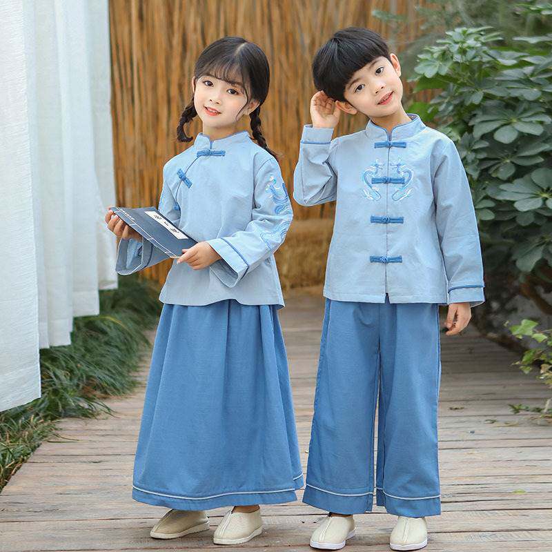 儿童民国风服装男童k90-160cm春秋夏款唐装学生女童汉服套装纯色