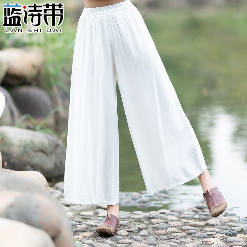 亚麻阔腿裤夏季薄款休闲裤女韩版宽松棉麻女装松紧高腰直筒长裤子