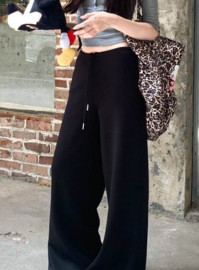 灰色慵懒风抽绳休闲裤运s动裤x女早秋高腰直筒裤阔腿裤宽松拖地长