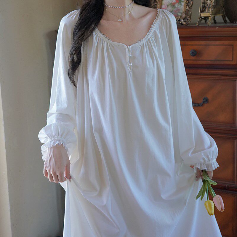 宫廷风纯棉睡裙女秋季新款长袖全棉长款家居裙复古法式高级感睡衣