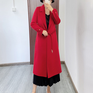 高端红色双面羊绒大衣女中长版西装领气质修身纯羊毛呢子外套秋冬